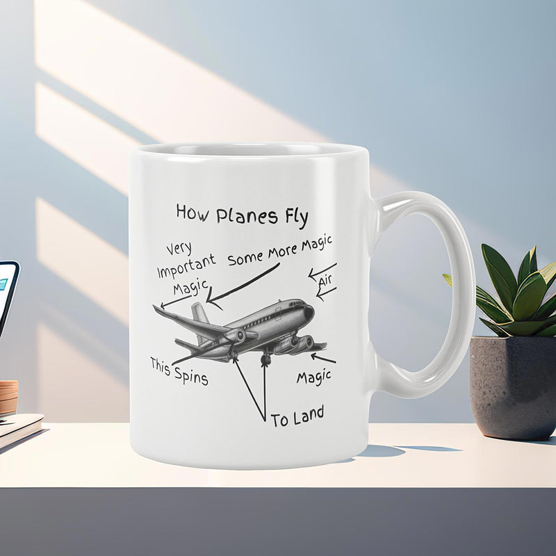 Tailorly White Ceramic 11 oz Mug - How Planes Fly Detailed Sketch Of A Commercial Jetliner Soaring Through The Air Plane