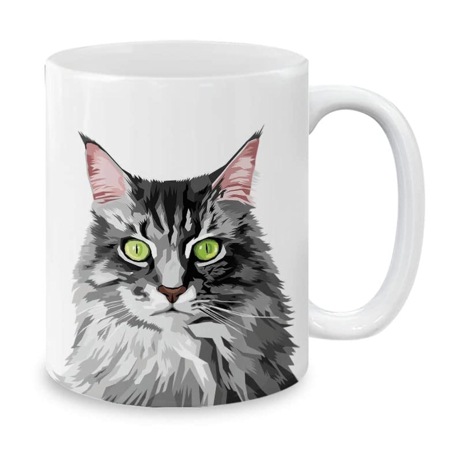 Tailorly White Ceramic 11 oz Mug - Majestic Grey Longhair Maine Coon With Piercing Green Eyes Portrait Cat
