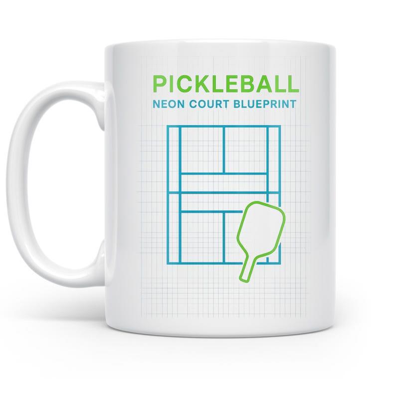 Tailorly White Ceramic 11 oz Mug - Pickleball Neon Court Blueprint Blue Schematic Lines Showing Sports Field Layout With Green Paddle Court