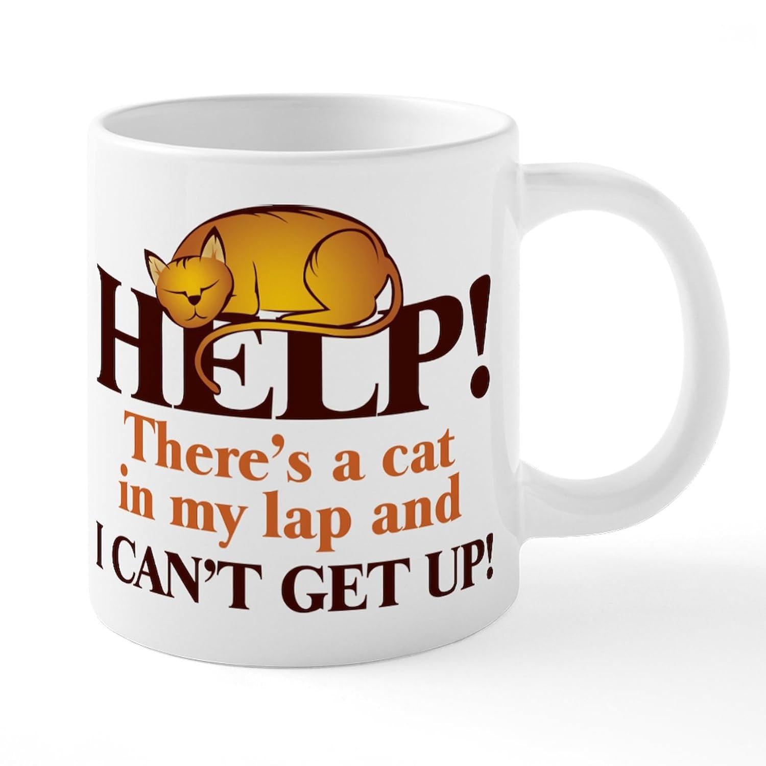 Tailorly White Ceramic 11 oz Mug - Help Theres A Cat In My Lap And I Cant Get Up Sleeping Orange Ginger Cat Resting Calmly Above Bold Playful Text Cat