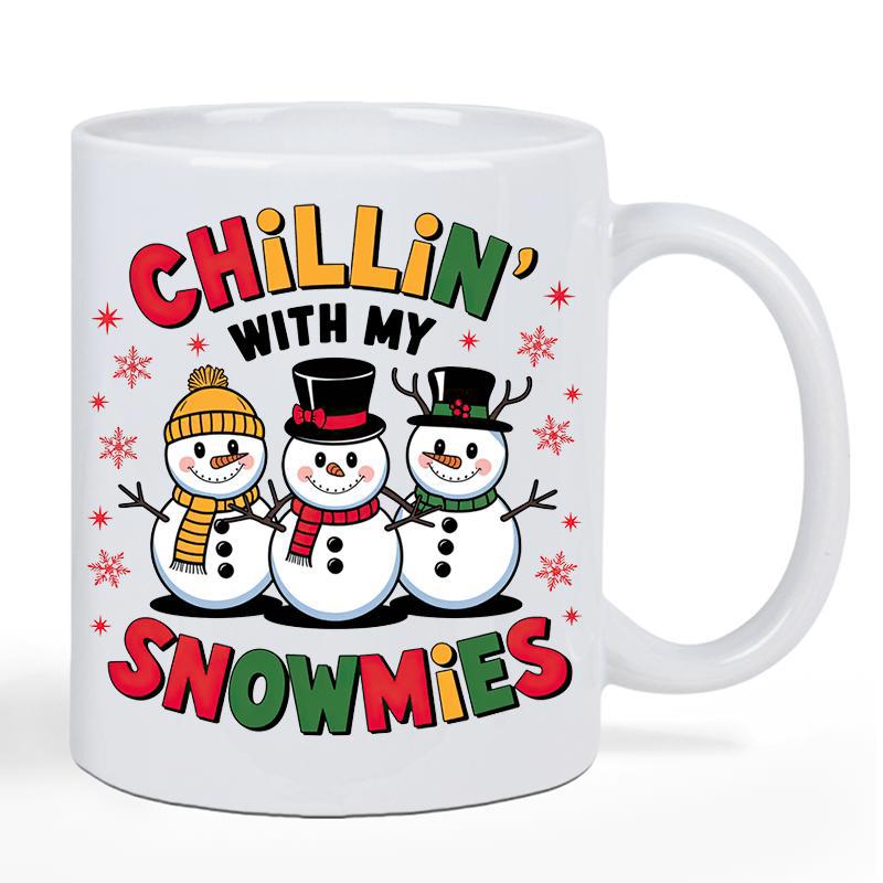 Tailorly White Ceramic 11 oz Mug - Chillin With My Snowmies Festive Cartoon Trio Wearing Colorful Winter Accessories Under Red Snowflakes Snowmen