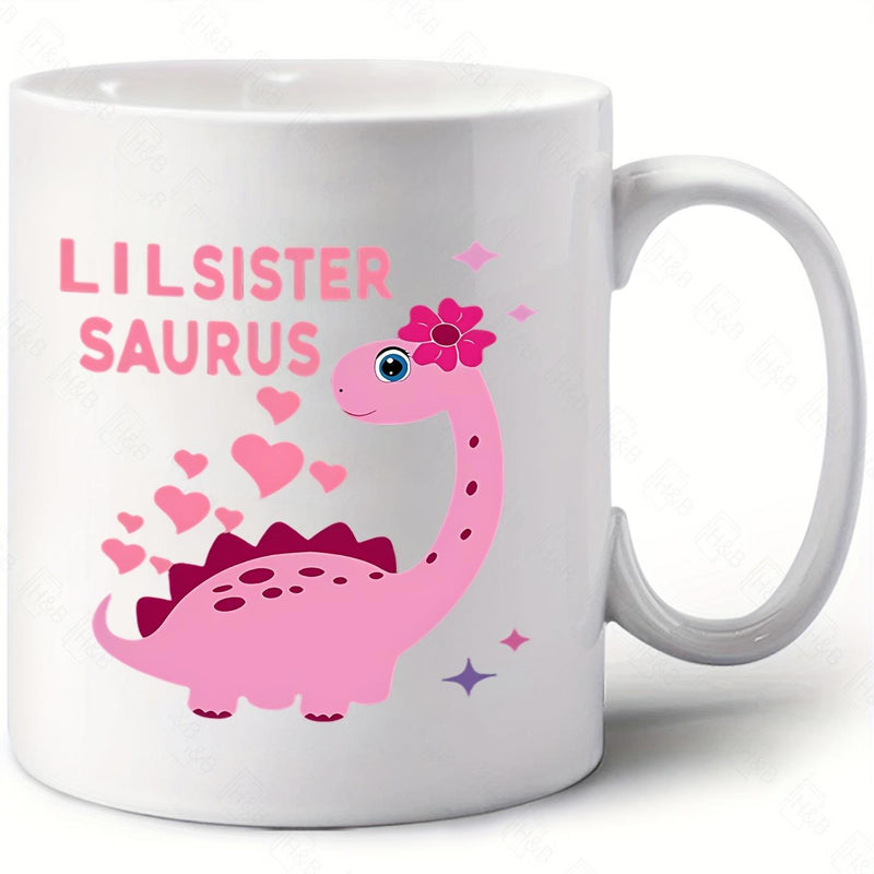Tailorly White Ceramic 11 oz Mug - Lil Sister Saurus Adorable Pink Cartoon Dinosaur Surrounded By Floating Hearts And Small Stars Dinosaur