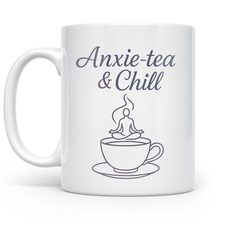 Tailorly White Ceramic 11 oz Mug - Anxie Tea Chill Minimalist Zen Figure Meditating Peacefully Above A Hot Steaming Cup