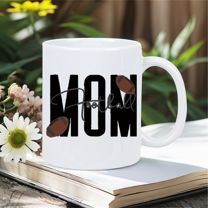 Tailorly White Ceramic 11 oz Mug - Mom Football Large Bold Black Letters Featuring Classic Brown Sport Football