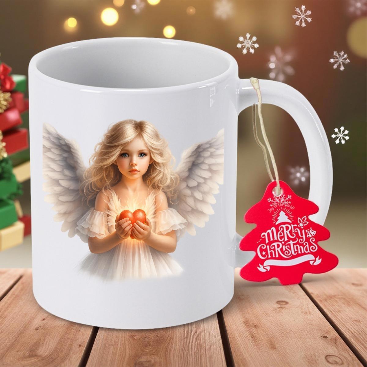 Tailorly White Ceramic 11 oz Mug - Merry Christmas Beautiful Little Girl With Soft White Wings Holding Heart Angel