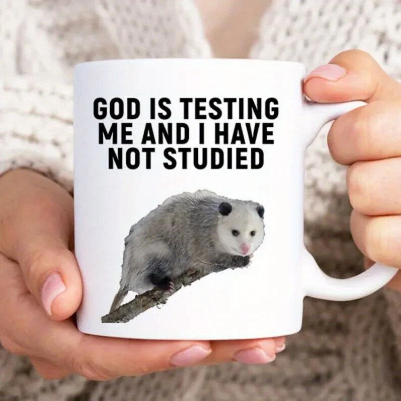 Tailorly White Ceramic 11 oz Mug - God Is Testing Me And I Have Not Studied Realistic Gray Wild Animal Resting Peacefully On A Wooden Branch Opossum