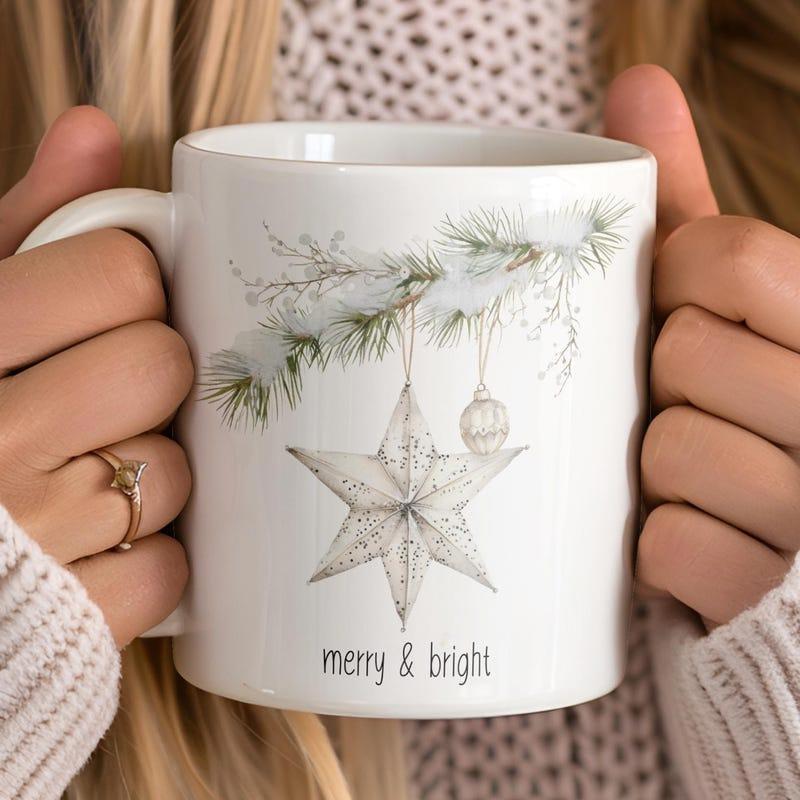 Tailorly White Ceramic 11 oz Mug - Merry Bright Snowy Pine Branches Hanging Ornaments With A Radiant Decorative Holiday Theme Star