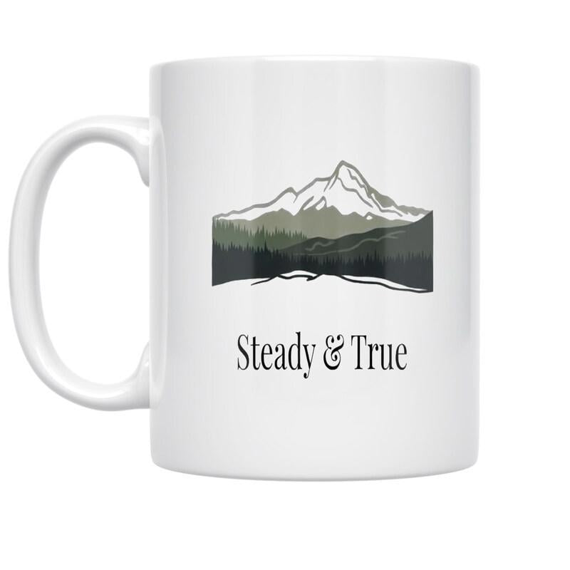 Tailorly White Ceramic 11 oz Mug - Steady True Majestic Snow Capped Peak Rising Above A Dark Misty Evergreen Forest Mountain