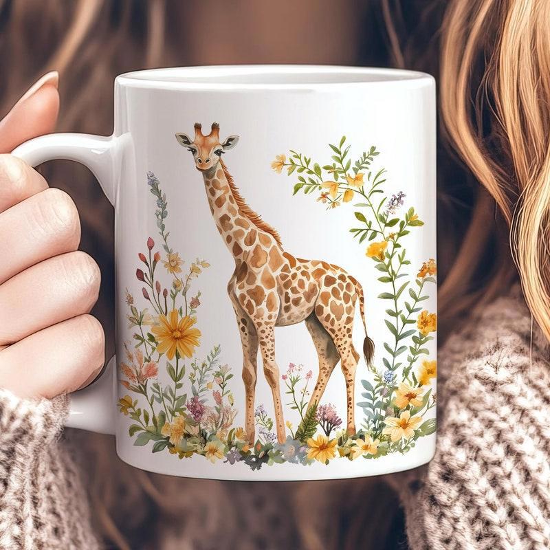 Tailorly White Ceramic 11 oz Mug - Standing Among Blooming Wildflowers In A Serene Vibrant Nature Scene Giraffe