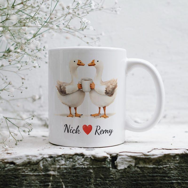 Tailorly White Ceramic 11 oz Mug - Nick Remy Two White Watercolor Geese Sharing Coffee Cup In Elegant Hand Drawn Style Goose