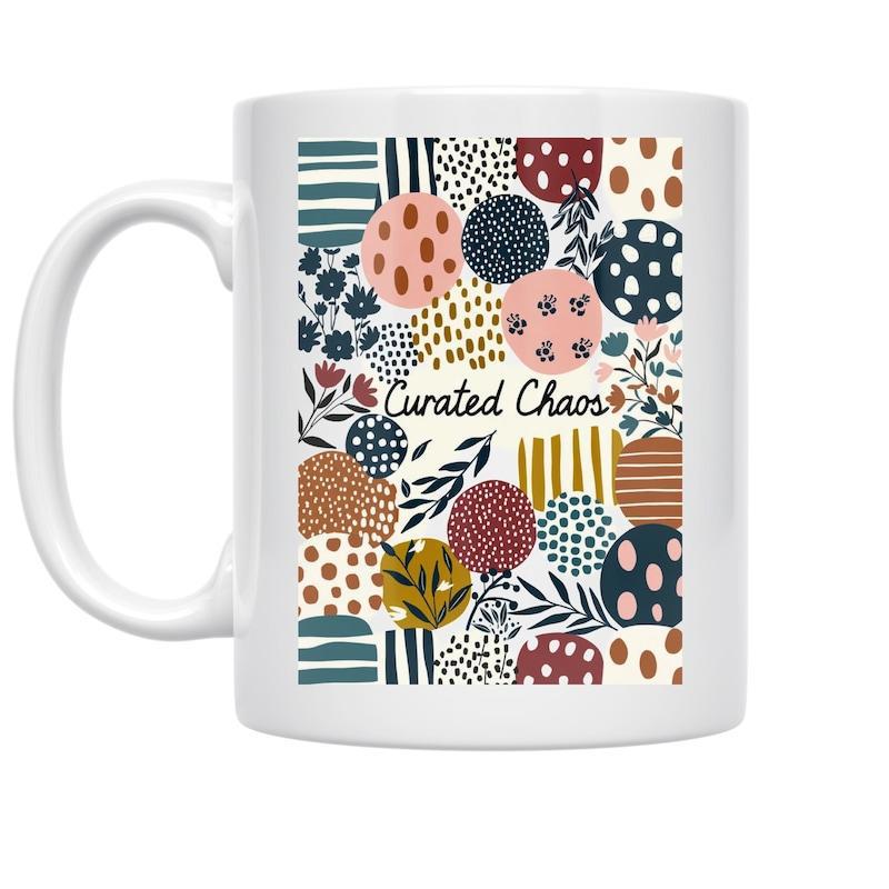Tailorly White Ceramic 11 oz Mug - Curated Chaos Vibrant Colorful Abstract Botanical Circles With Hand Drawn Leaves And Floral Mug