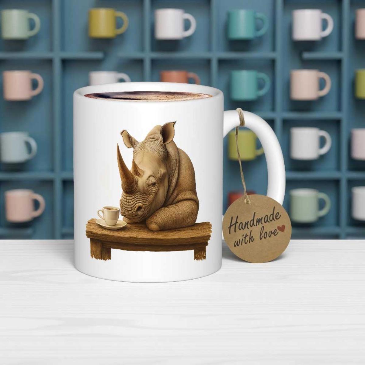 Tailorly White Ceramic 11 oz Mug - Handmade With Love Peaceful Majestic Creature Sitting At Table Drinking Hot Coffee Rhino
