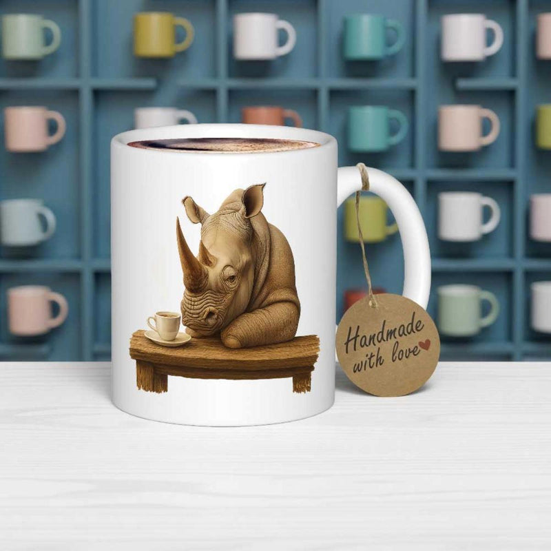 Tailorly White Ceramic 11 oz Mug - Handmade With Love Peaceful Majestic Creature Sitting At Table Drinking Hot Coffee Rhino
