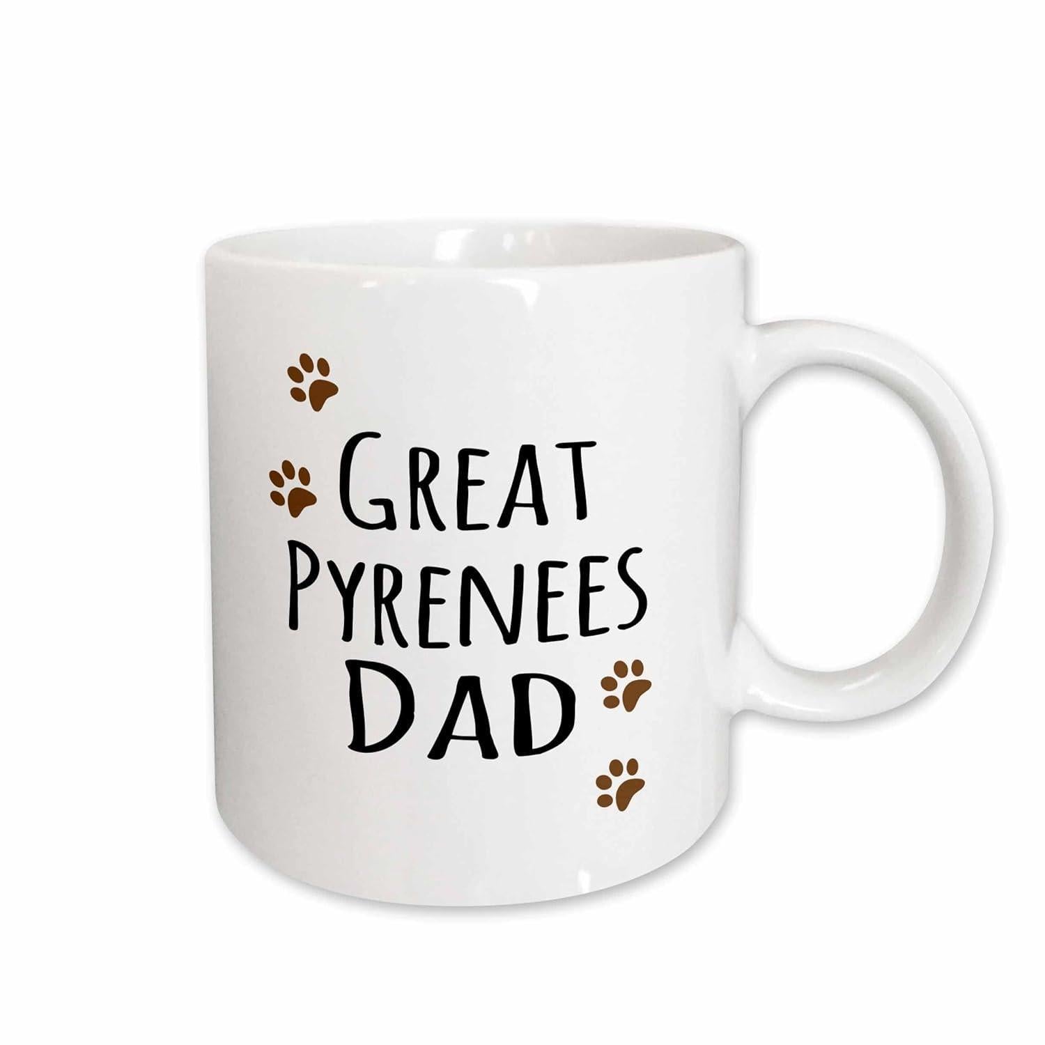 Tailorly White Ceramic 11 oz Mug - Great Pyrenees Dad Simple Minimalist Brown Puppy Prints Surrounding Stylish Modern Handwritten Font Paw
