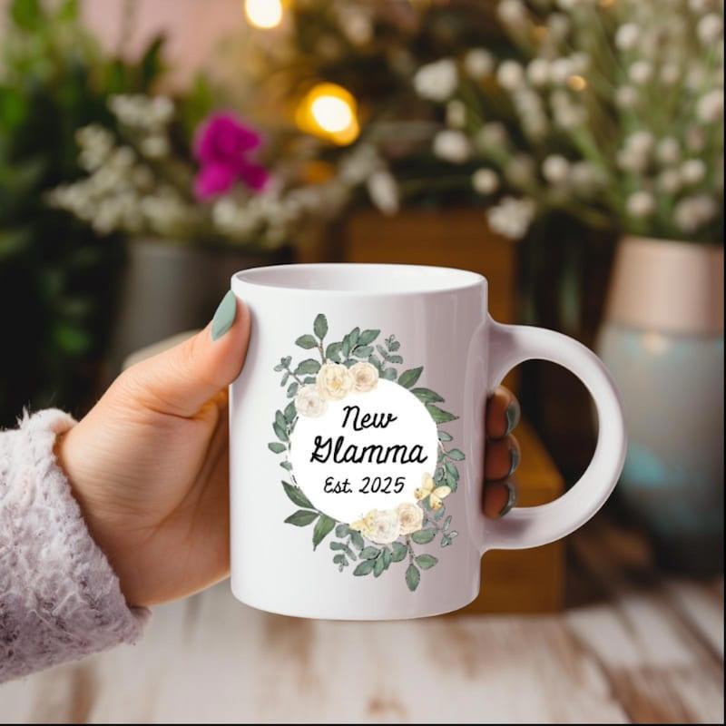 Tailorly White Ceramic 11 oz Mug - New Glamma Est 2025 Delicate Floral Wreath With Cream Roses And Lush Green Leaves Mug