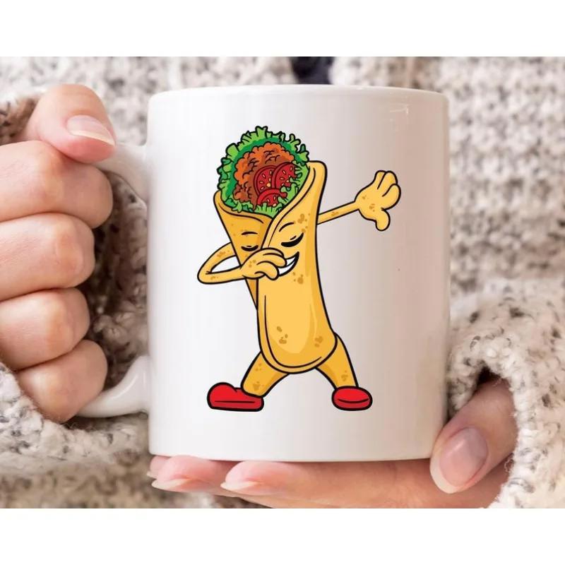 Tailorly White Ceramic 11 oz Mug - Funny Dancing Cartoon Character Performing A Dab Move With Smile Burrito