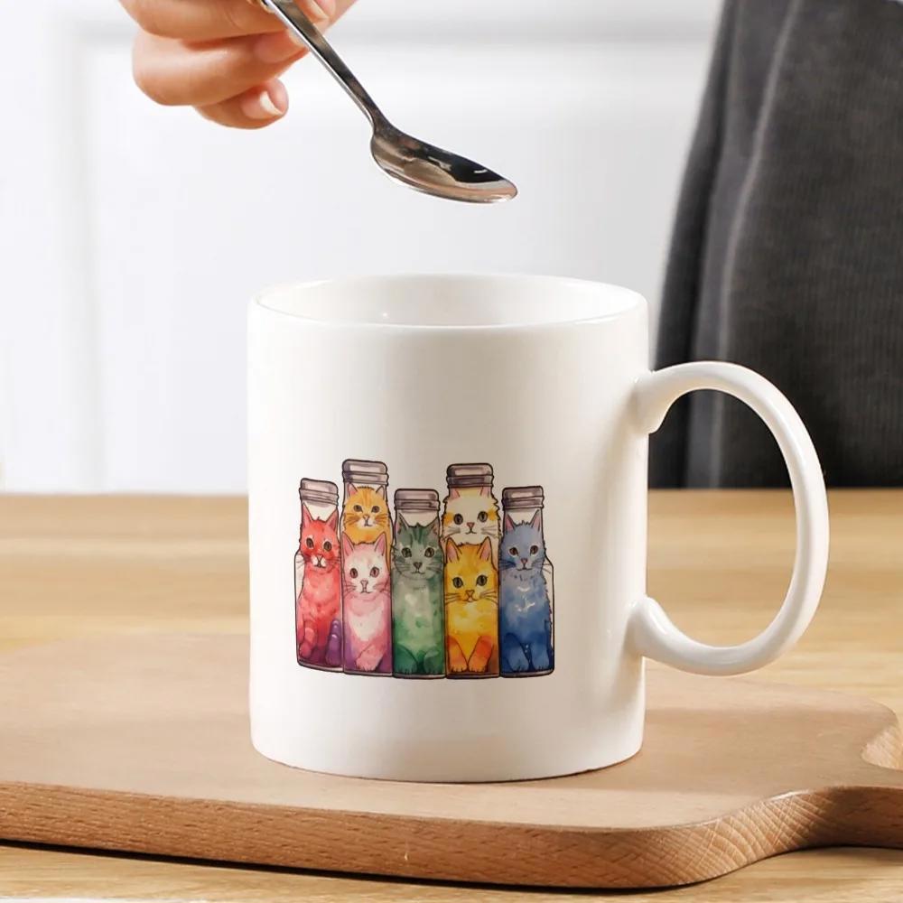 Tailorly White Ceramic 11 oz Mug - Colorful Watercolor Illustration Featuring Cute Kittens Inside Glass Potion Bottles Cat