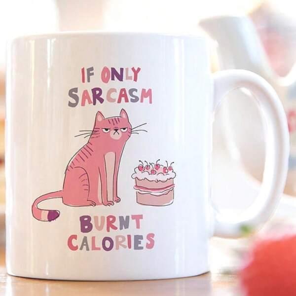Tailorly White Ceramic 11 oz Mug - If Only Sarcasm Burnt Calories Grumpy Pink Striped Cat Sitting Beside A Small Sweet Cake Cat