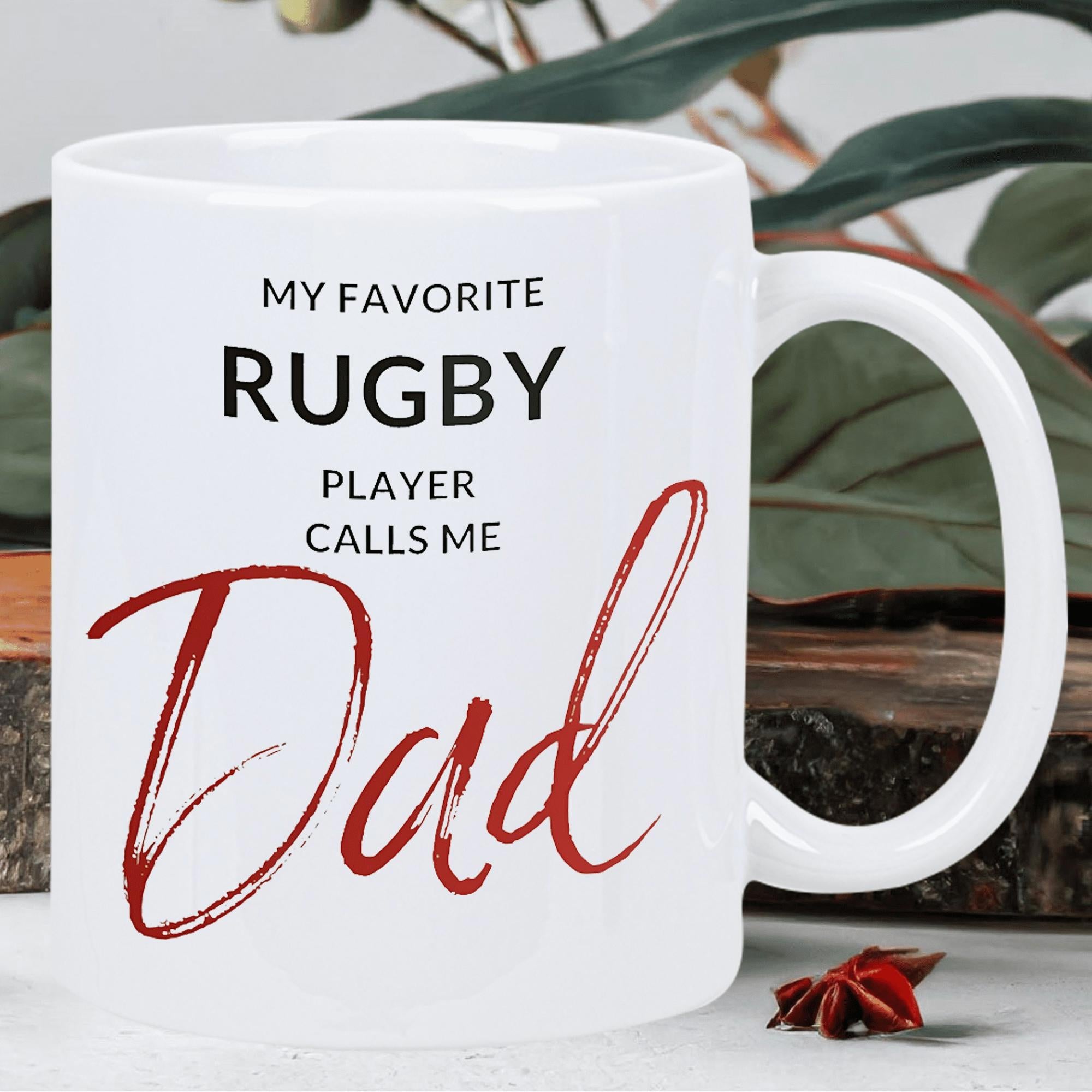 Tailorly White Ceramic 11 oz Mug - My Favorite Rugby Player Calls Me Dad Minimalist Ceramic Vessel Featuring Bold Black Typography And Red Script Mug