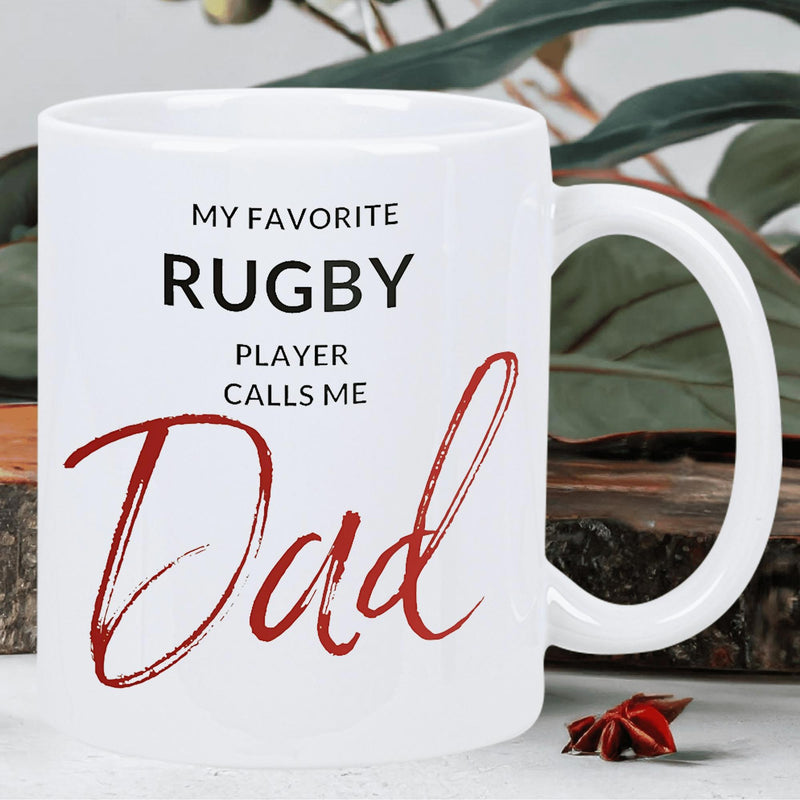 Tailorly White Ceramic 11 oz Mug - My Favorite Rugby Player Calls Me Dad Minimalist Ceramic Vessel Featuring Bold Black Typography And Red Script Mug