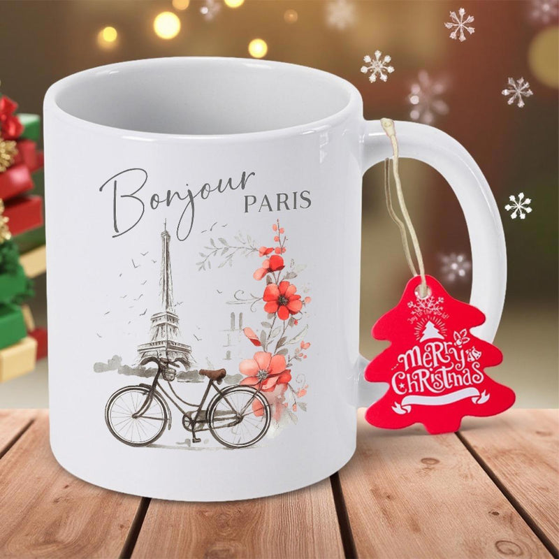 Tailorly White Ceramic 11 oz Mug - Bonjour Paris Elegant Sketch Of Vintage Bicycle With Red Flowers Near Eiffel Tower