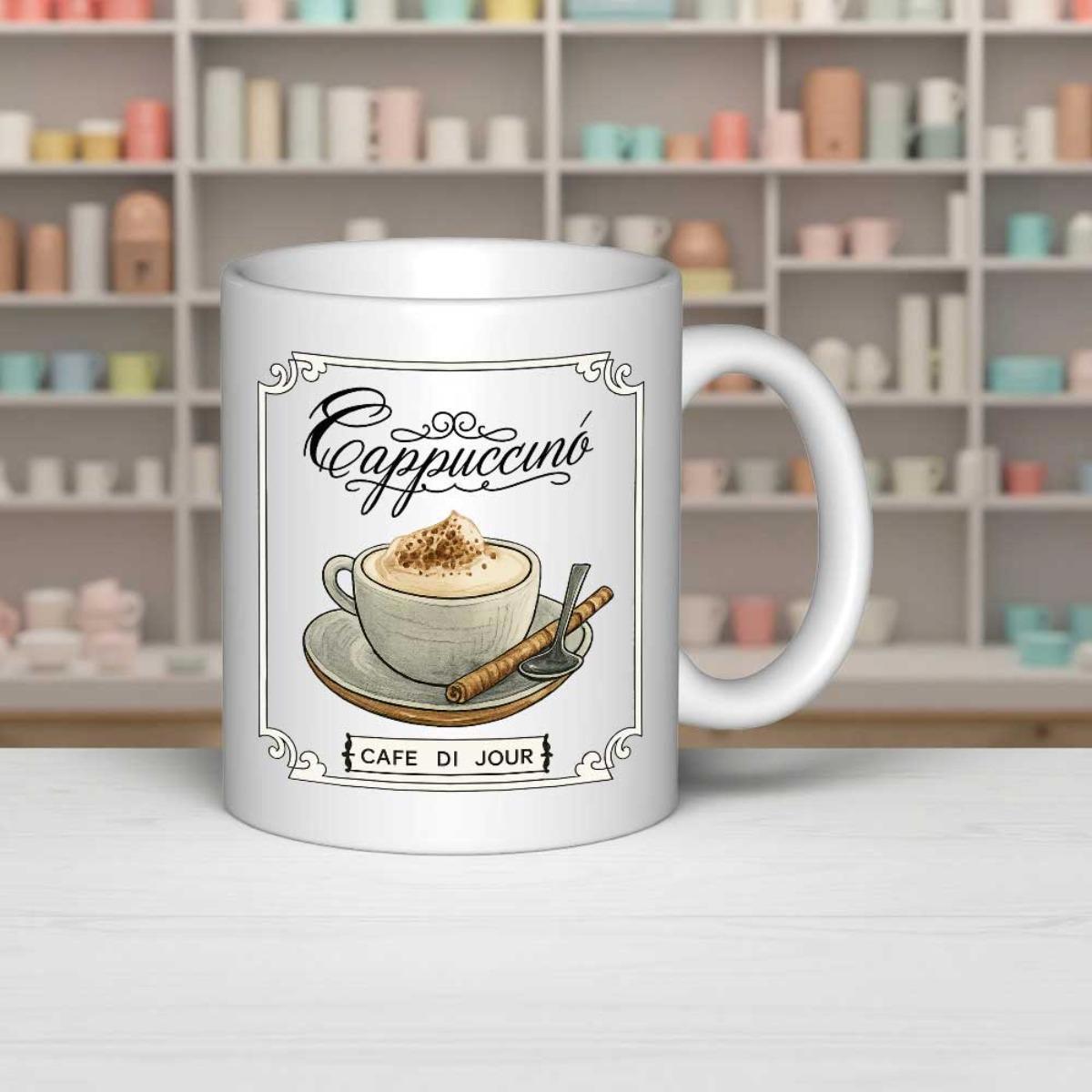 Tailorly White Ceramic 11 oz Mug - Cappuccino Cafe Du Jour Vintage Style Coffee Illustration On Saucer With Cinnamon Stick Cappuccino