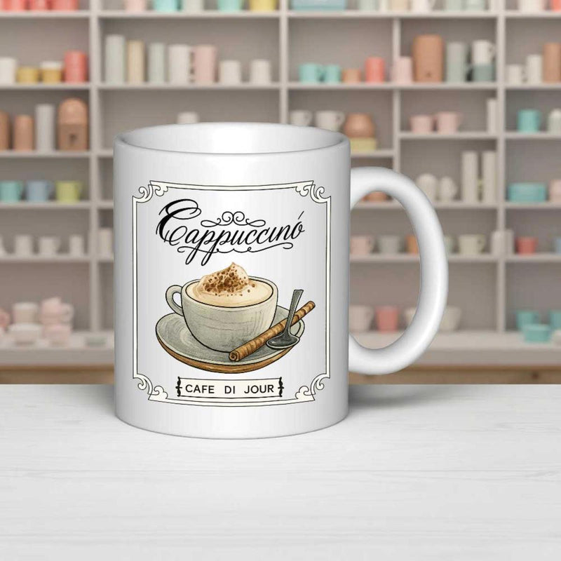 Tailorly White Ceramic 11 oz Mug - Cappuccino Cafe Du Jour Vintage Style Coffee Illustration On Saucer With Cinnamon Stick Cappuccino