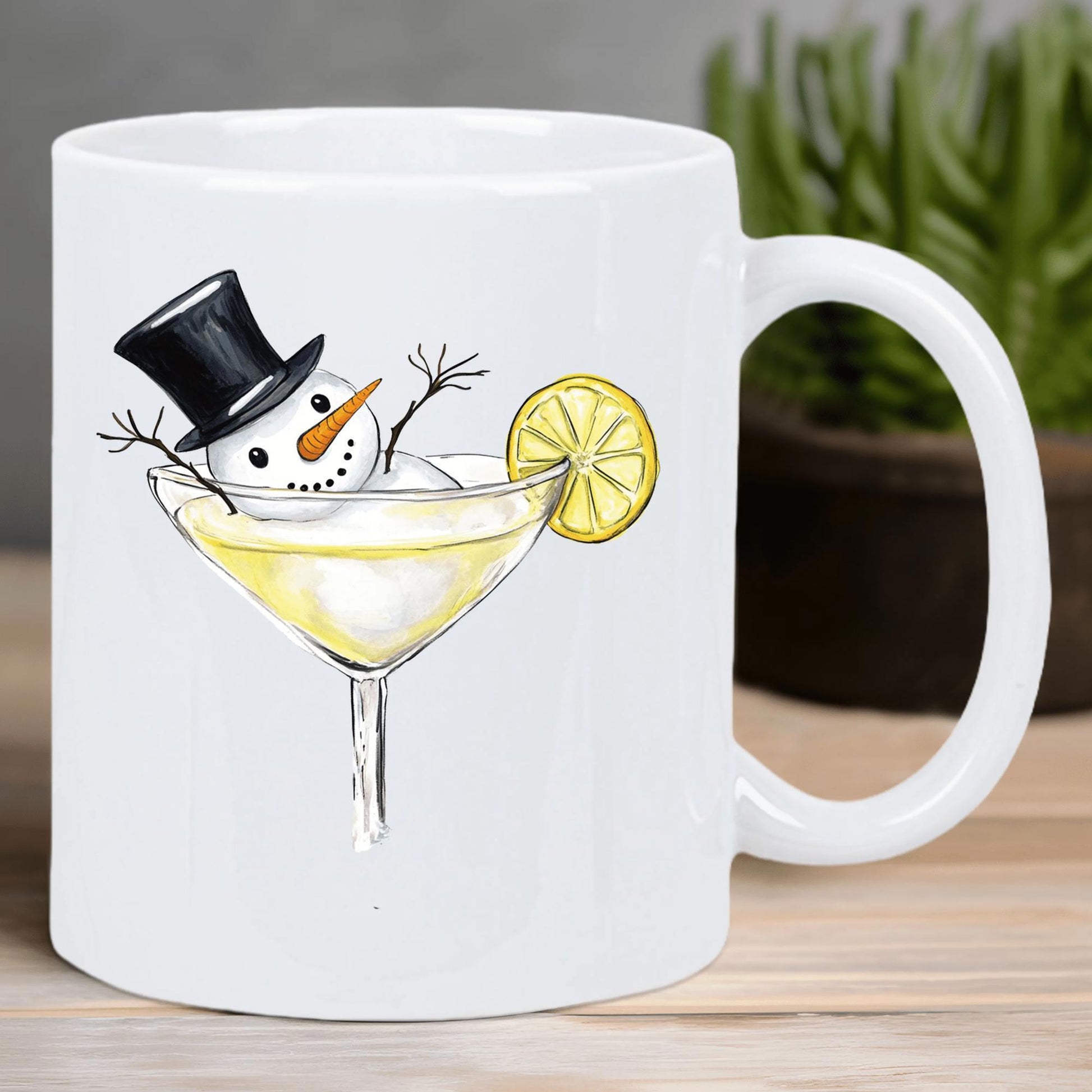 Tailorly White Ceramic 11 oz Mug - Whimsical Winter Character Resting In A Chilled Martini Glass With Lemon Garnish Snowman