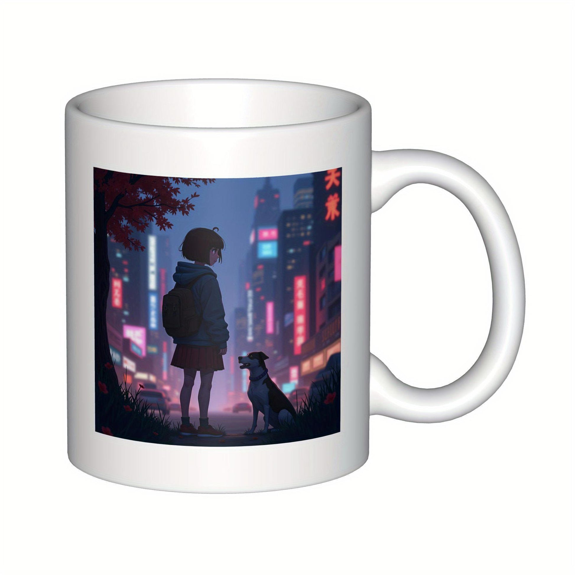 Tailorly White Ceramic 11 oz Mug - Anime Girl Standing Beside Loyal Dog Under Vibrant Neon City Lights Scene