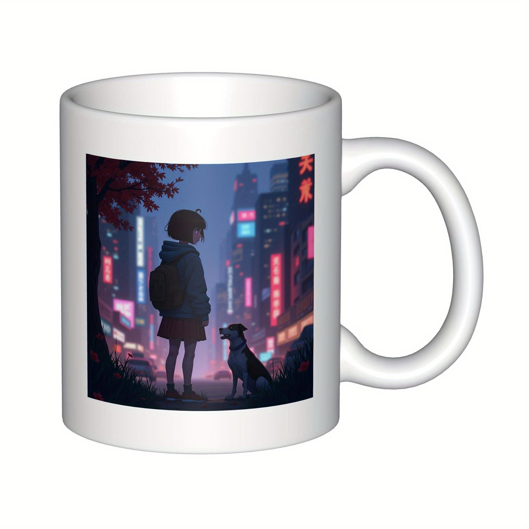 Tailorly White Ceramic 11 oz Mug - Anime Girl Standing Beside Loyal Dog Under Vibrant Neon City Lights Scene