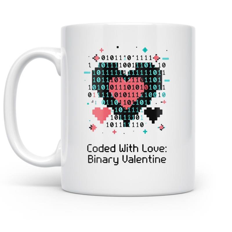 Tailorly White Ceramic 11 oz Mug - Coded With Love Binary Valentine Digital Pixelated Design Formed By Binary Code With Colorful Tiny Accents Heart