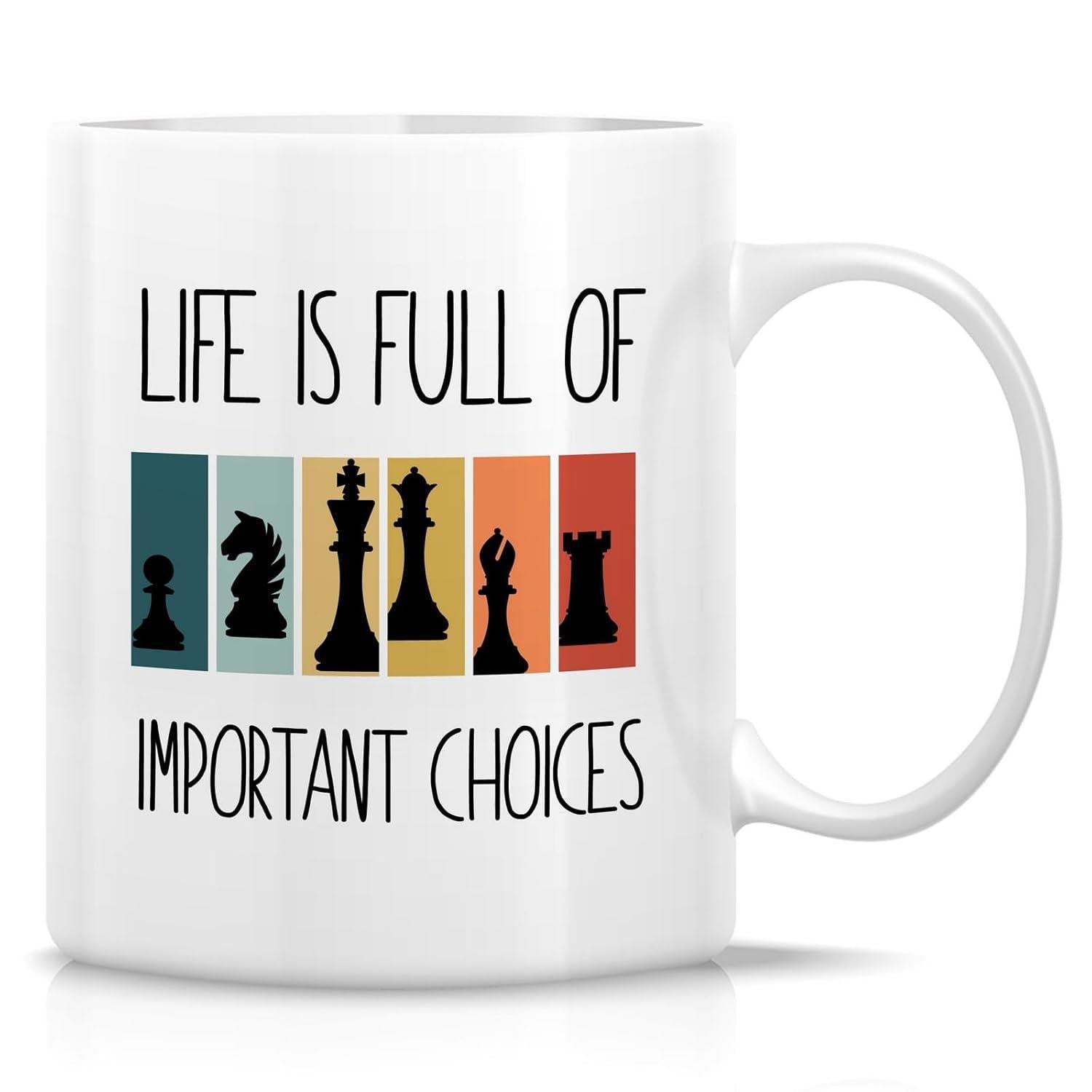 Tailorly White Ceramic 11 oz Mug - Life Is Full Of Important Choices Minimalist Black Chess Silhouette Pieces Set Against Retro Colorful Vertical Bars Chess