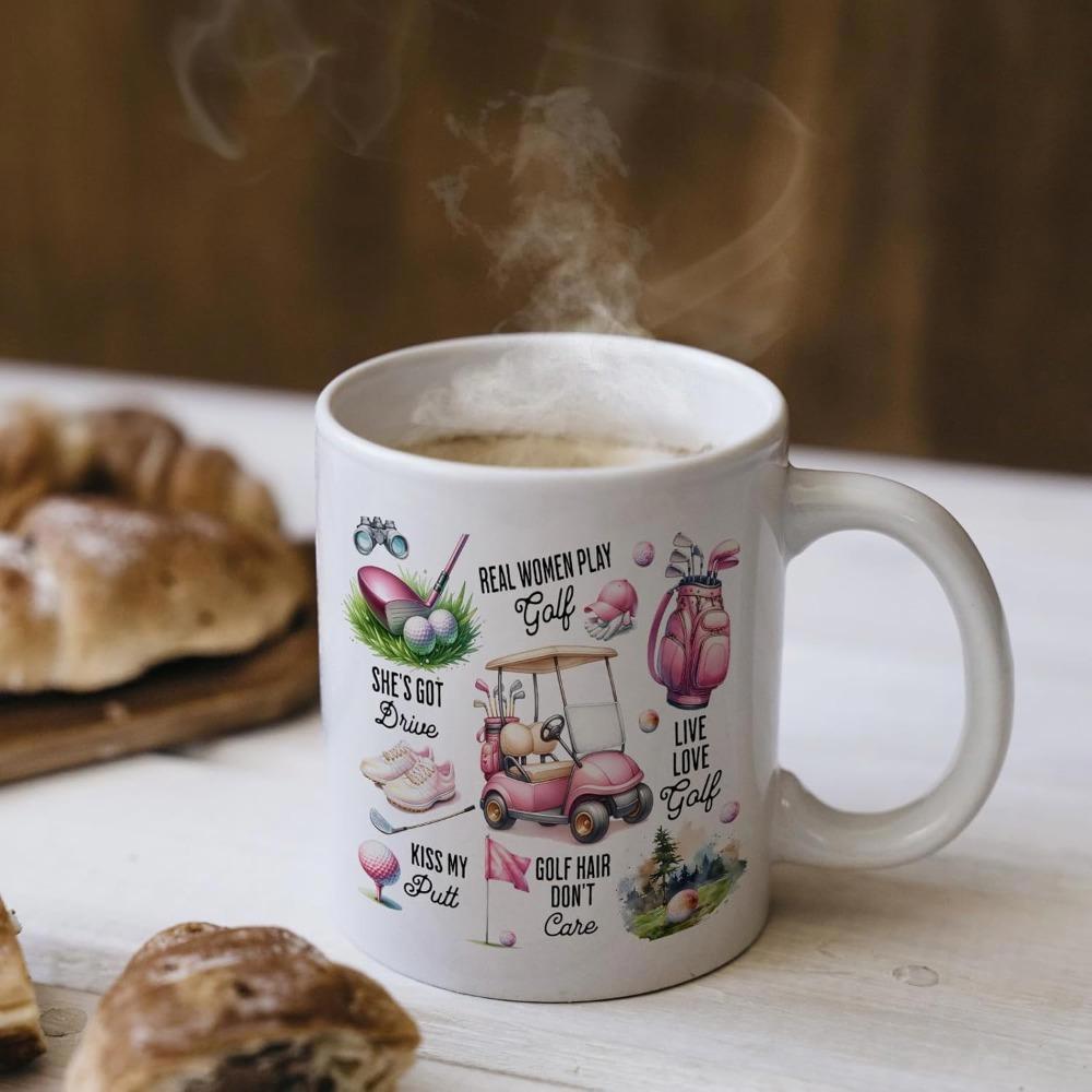 Tailorly White Ceramic 11 oz Mug - Real Women Play Golf She S Got Balls Kiss My Putt Love Love Golf Golf Hair Don T Care Elegant Pink Golf Cart Parked Beside Cute