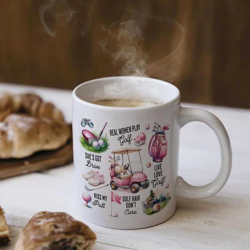 Tailorly White Ceramic 11 oz Mug - Real Women Play Golf She S Got Balls Kiss My Putt Love Love Golf Golf Hair Don T Care Elegant Pink Golf Cart Parked Beside Cute