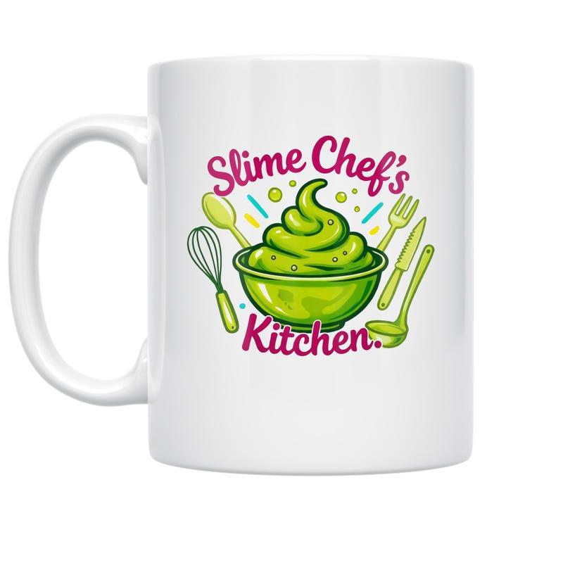 Tailorly White Ceramic 11 oz Mug - Slime Chefs Kitchen Vibrant Swirling Green Mixture In Bowl Surrounded By Kitchenware Slime