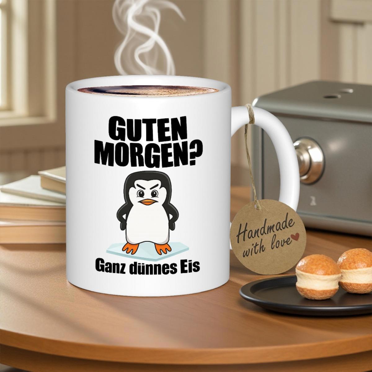 Tailorly White Ceramic 11 oz Mug - Grumpy Little Cartoon Bird Resting Upon A Thin Floating Patch Of Ice Penguin