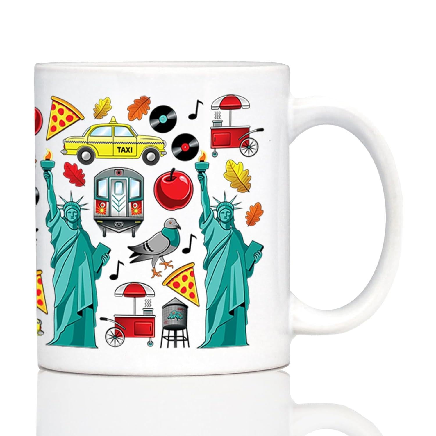 Tailorly White Ceramic 11 oz Mug - Taxi New York City Icons Featuring Statue Of Liberty Pizza And Apple Pattern