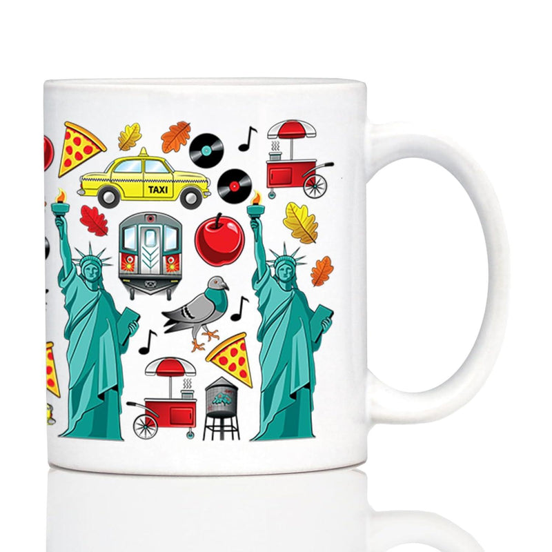 Tailorly White Ceramic 11 oz Mug - Taxi New York City Icons Featuring Statue Of Liberty Pizza And Apple Pattern