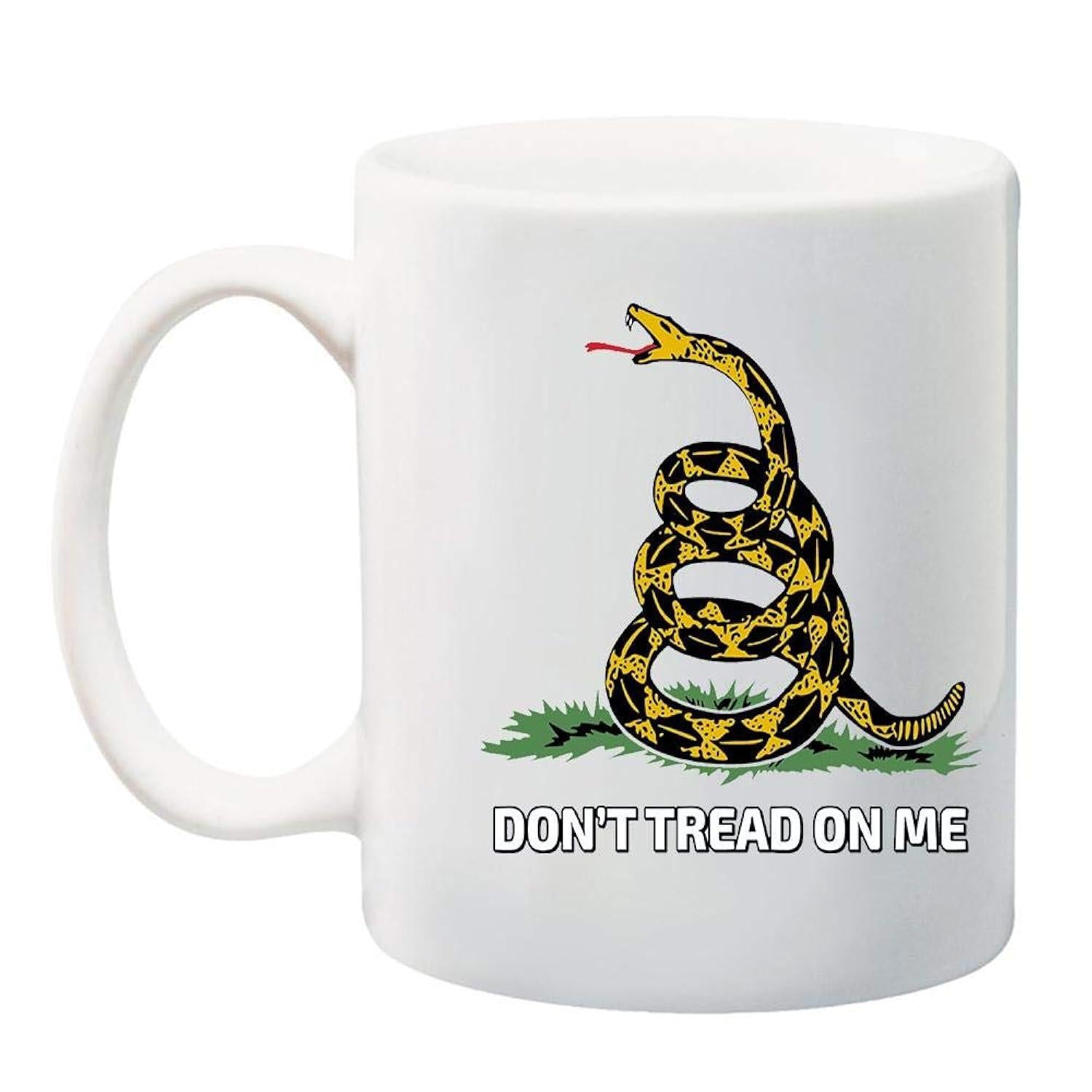 Tailorly White Ceramic 11 oz Mug - Dont Tread On Me Coiled Yellow Rattlesnake Ready To Strike On Green Patch Grass Snake