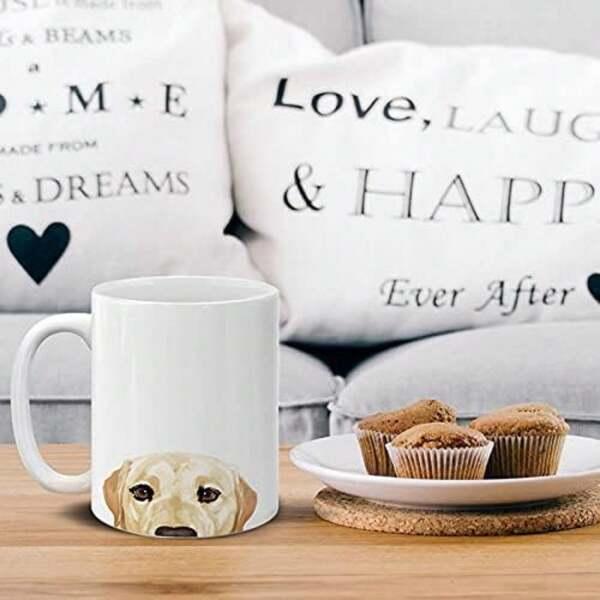 Tailorly White Ceramic 11 oz Mug - Adorable Golden Retriever Peeking Curious Eyes From The Bottom Edge Dog