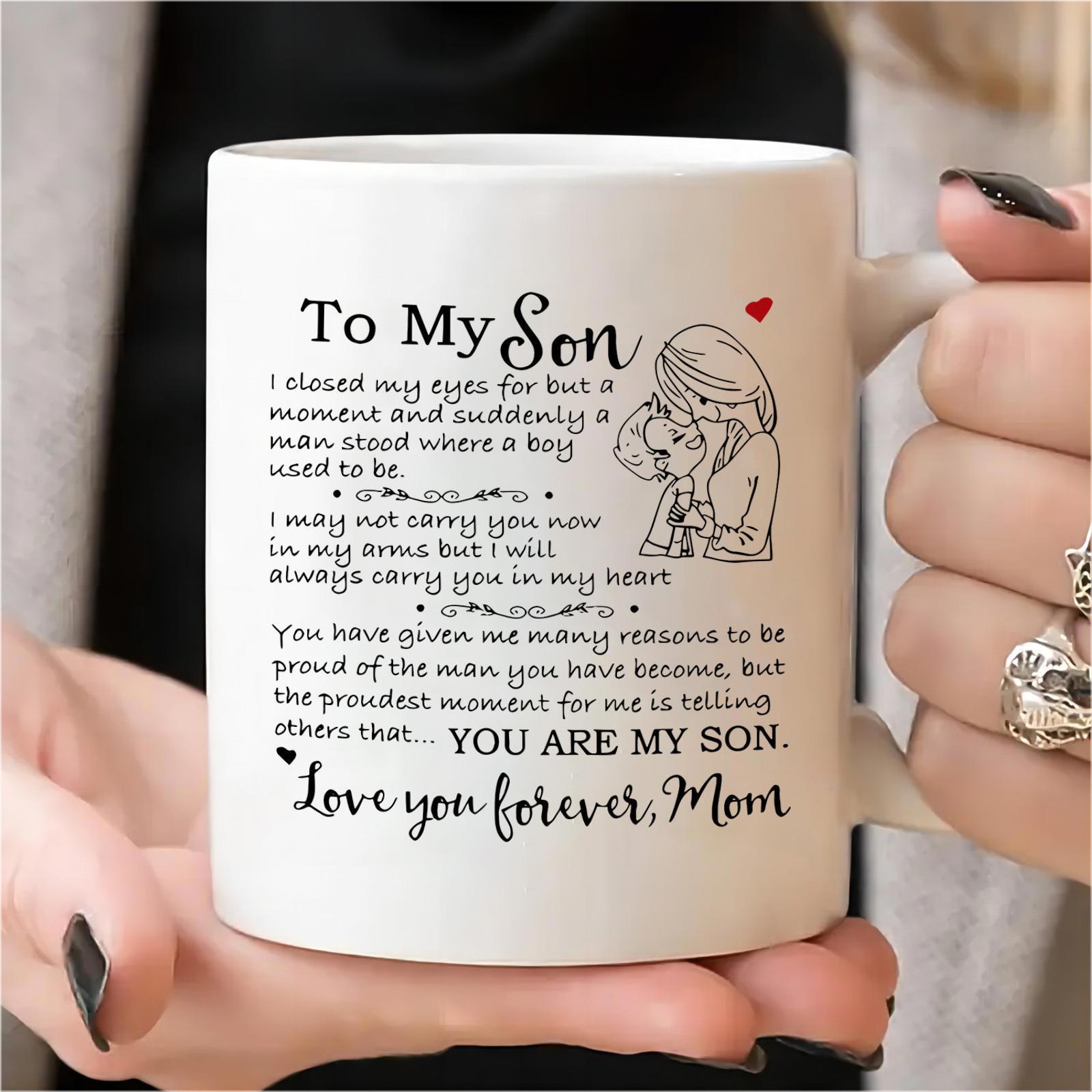 Tailorly White Ceramic 11 oz Mug - To My Son Love You Forever Mom Minimalist Line Art Sketch Depicting A Gentle Mother Embracing Her Young Child Illustration