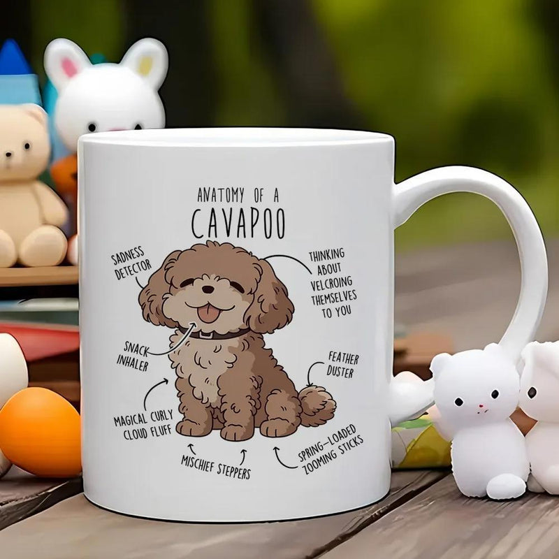 Tailorly White Ceramic 11 oz Mug - Anatomy Of A Cavapoo Cute Brown Curly Haired Puppy Sitting With Anatomical Description Labels Cavapoo