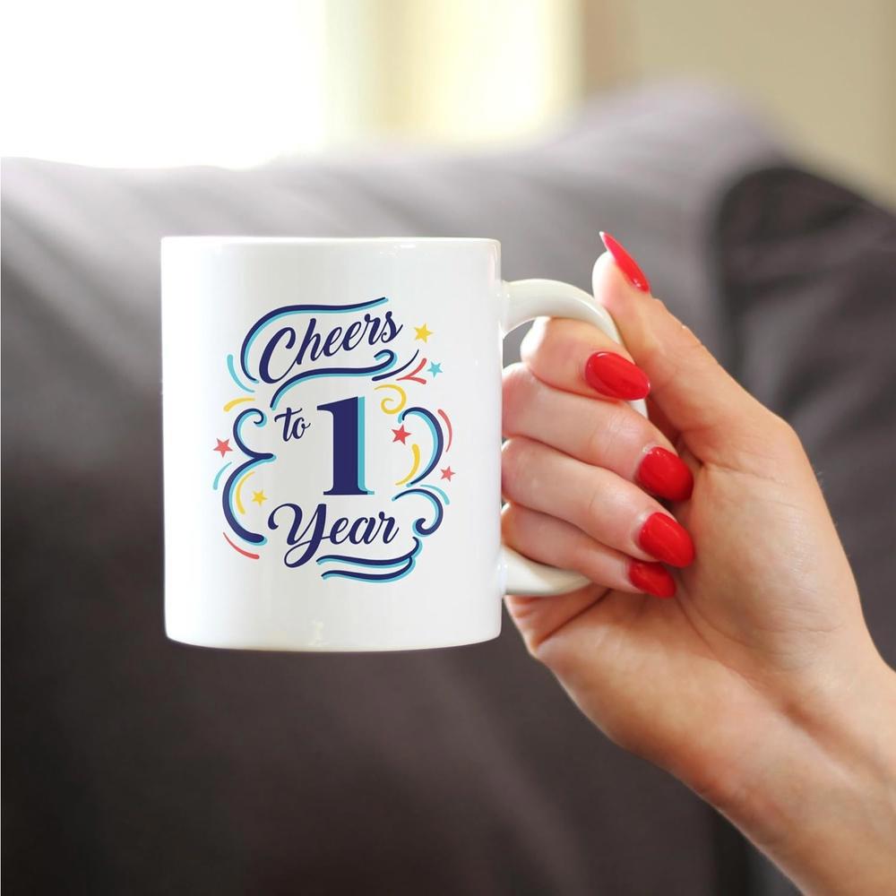 Tailorly White Ceramic 11 oz Mug - Cheers To 1 Year Elegant Decorated With Swirls And Small Stars Mug