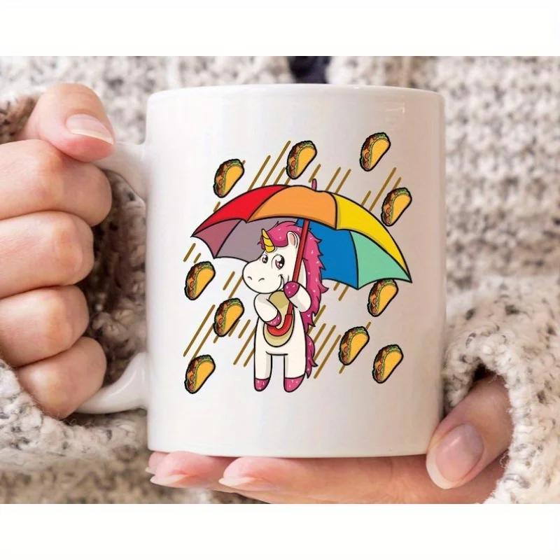 Tailorly White Ceramic 11 oz Mug - Adorable Little Unicorn Under Colorful Rainbow Umbrella Among Falling Rain Of Tacos Unicorn