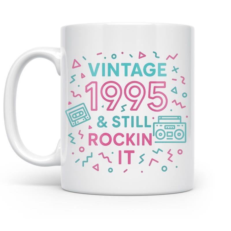 Tailorly White Ceramic 11 oz Mug - Vintage 1995 Still Rockin It Retro Memphis Style With Geometric Shapes Boombox And Cassette Tape Mug