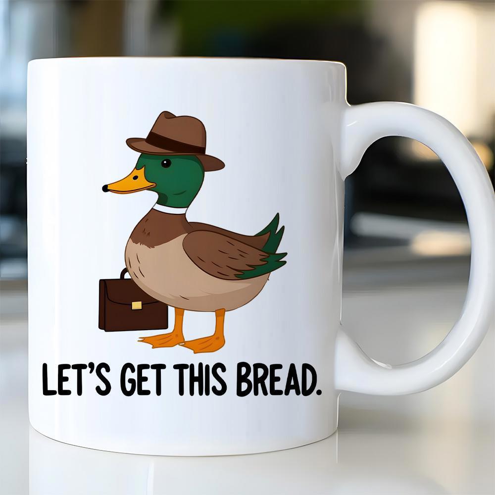 Tailorly White Ceramic 11 oz Mug - Let's Get This Bread Professional Mallard Duck Wearing Brown Fedora Hat Holding Classic Business Briefcase Duck