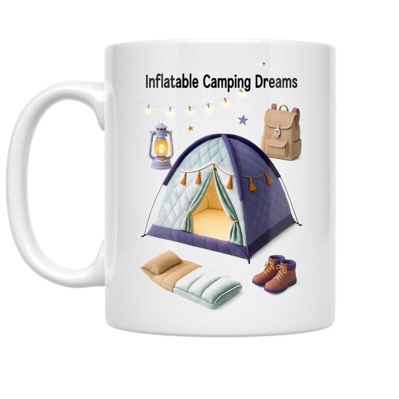 Tailorly White Ceramic 11 oz Mug - Inflatable Camping Dreams Cozy Blue Quilted Tent Surrounded By Camping Gear Under Night Stars Tent
