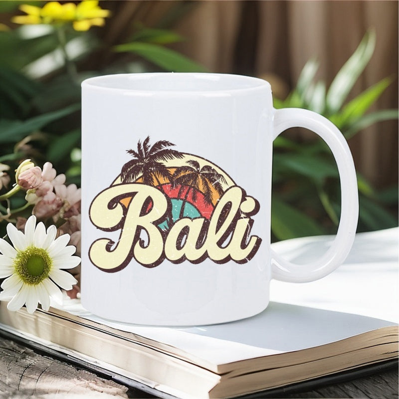 Tailorly White Ceramic 11 oz Mug - Bali Retro Sunset Silhouette Over A Coastal Tropical Island Palm Trees