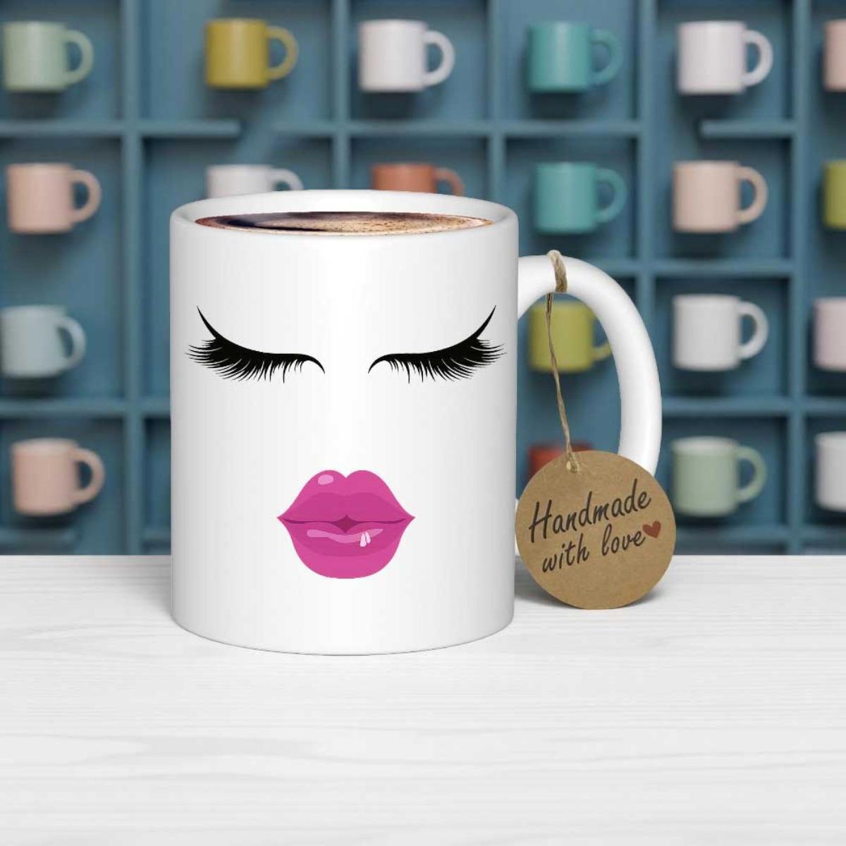Tailorly White Ceramic 11 oz Mug - Handmade With Love Glamorous Closed Eyelashes With Glossy Pink Lips On A Minimalist Face