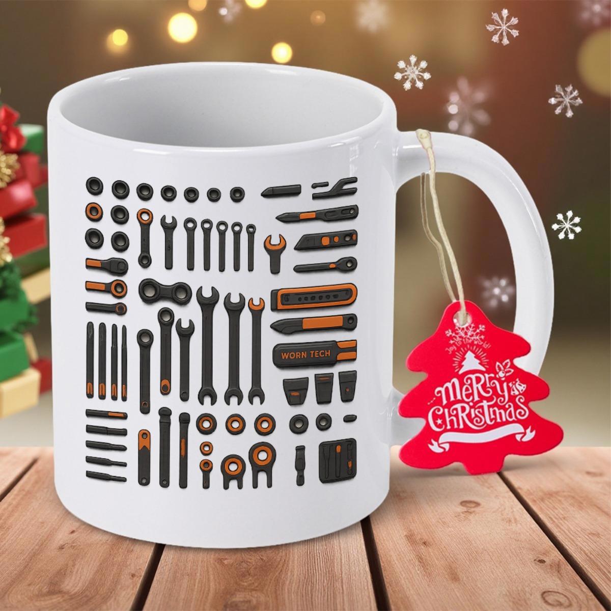 Tailorly White Ceramic 11 oz Mug - Merry Christmas Orderly Arranged Symmetrical Collection Of Various Mechanical Repairing Hand Tools